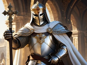 ethereal fantasy concept art of Baroque, King Baldwin IV, ironclad mask, white royal robes, chainmail armor, wielding a mace in his left hand, holding a crucifix in his right hand, afternoon sun gleaming off his mask and armor, signaling towards battle, Syrian surroundings,