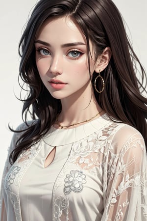 Characters in fashionable and trendy clothing,White background, ,hyper-realistic details,digically enhanced, elegant clothing, uhd image, fashion-illustration