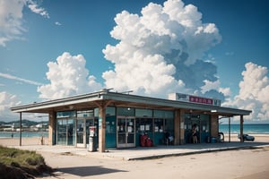 Misaka Mikoto,photograph, swimming suit, bus station by the beach, beautiful, cloud, stuck in swamp, photo realistic,cinematic, in street