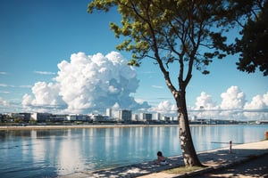 Misaka Mikoto,photograph, swimming suit, bus station by the beach, beautiful, cloud, stuck in swamp, photo realistic,cinematic, in street