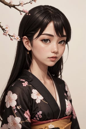 Head to toe portrait of A captivating Japanese girl in a jet black kimono adorned with delicate white flowery prints, exuding timeless elegance and cultural grace, cherry blossom ukiyo-e