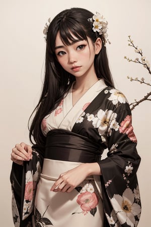 Head to toe portrait of A captivating Japanese girl in a jet black kimono adorned with delicate white flowery prints, exuding timeless elegance and cultural grace.