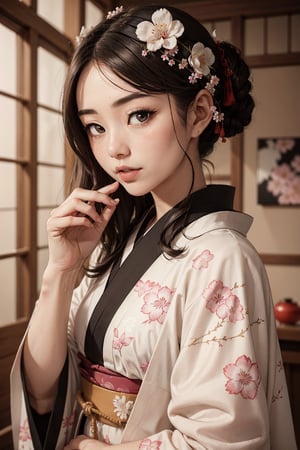 Head to toe portrait of A captivating Japanese girl in a jet black kimono adorned with delicate white flowery prints, exuding timeless elegance and cultural grace, cherry blossom ukiyo-e