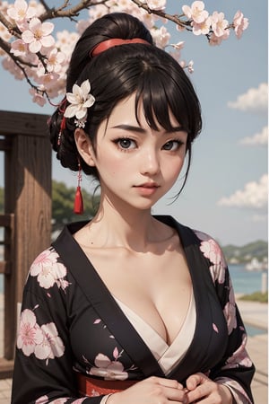 Head to toe portrait of A captivating Japanese girl in a jet black kimono, cleavage,adorned with delicate white flowery prints, exuding timeless elegance and cultural grace, cherry blossom ukiyo-e, blue skies