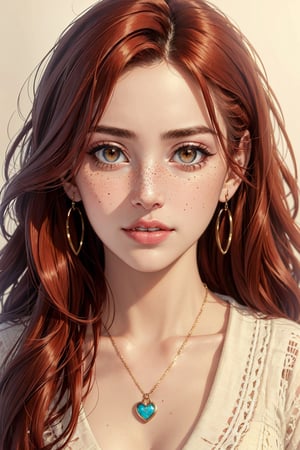beautiful woman,red-haired,freckles,small-breasted,long-haired,brown-eyed,heart necklace,earrings,(masterpiece,high quality,best quality:1.3),detailed,vibrant colors,realistic lighting, ((leaning forwards towards camera))