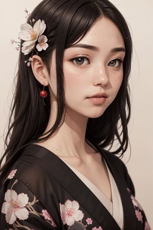 Head  portrait of A captivating Japanese girl in a jet black kimono adorned with delicate white flowery prints, exuding timeless elegance and cultural grace, cherry blossom ukiyo-e, focus on face