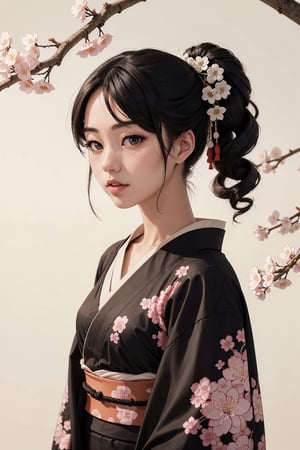 Head to toe portrait of A captivating Japanese girl in a jet black kimono adorned with delicate white flowery prints, exuding timeless elegance and cultural grace, cherry blossom ukiyo-e