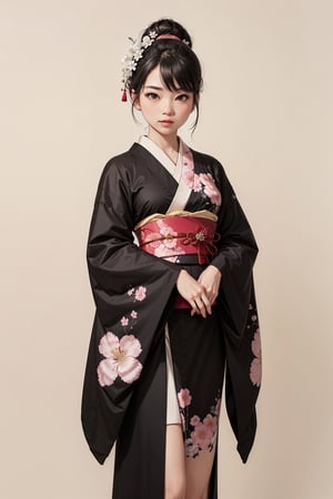 Head to toe portrait of A captivating Japanese girl in a jet black kimono adorned with delicate white flowery prints, exuding timeless elegance and cultural grace.