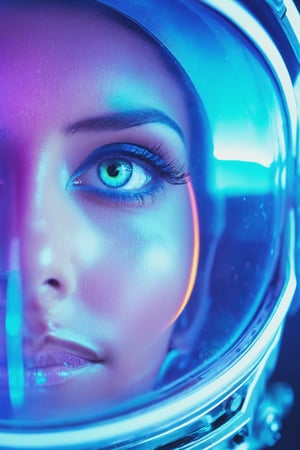 sci-fi style futuristic astronaut woman closeup portrait, detailed eyes, vibrant colours, glass reflections, dry skin, fuzzy skin, lens flare, futuristic, technological, alien worlds, space themes, advanced civilizations).