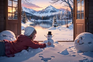 (masterpiece:1.4), (extremely detailed CG:1.4), (extremely detailed hand:1.4), normal hand, (best quality:1.4), (illustration), five fingered hand, sfw, pov, scenic view, (perfect lighting1.3), (sparkling snow-covered landscape:1.3), (glistening frost on trees:1.2), (majestic snow-capped mountains:1.2), (frozen lake with smooth ice:1.2), (delicate snowflakes falling:1.1), (crisp winter air:1.1), (soft pink and purple hues of twilight:1.1), (cozy log cabin nestled in the woods:1.1), (smoke gently rising from the chimney:1.1), (warm glow from windows:1.1), (frosted pinecones and holly berries:1.1), (playful snowmen and snow angels:1.1)