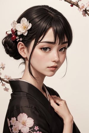 Head  portrait of A captivating Japanese girl in a jet black kimono adorned with delicate white flowery prints, exuding timeless elegance and cultural grace, cherry blossom ukiyo-e, focus on face