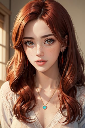 beautiful woman,red-haired,freckles,small-breasted,long-haired,brown-eyed,heart necklace,earrings,(masterpiece,high quality,best quality:1.3),detailed,vibrant colors,realistic lighting, ((leaning forwards towards camera))