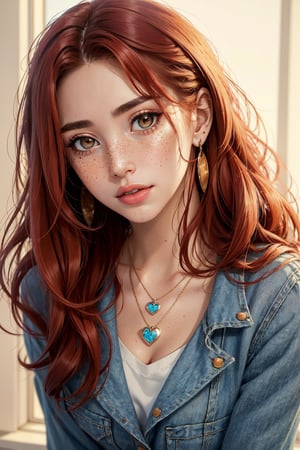 beautiful woman,red-haired,freckles,small-breasted,long-haired,brown-eyed,heart necklace,earrings,(masterpiece,high quality,best quality:1.3),detailed,vibrant colors,realistic lighting, ((leaning forwards towards camera))