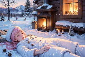 (masterpiece:1.4), (extremely detailed CG:1.4), (extremely detailed hand:1.4), normal hand, (best quality:1.4), (illustration), five fingered hand, sfw, pov, scenic view, (perfect lighting1.3), (sparkling snow-covered landscape:1.3), (glistening frost on trees:1.2), (majestic snow-capped mountains:1.2), (frozen lake with smooth ice:1.2), (delicate snowflakes falling:1.1), (crisp winter air:1.1), (soft pink and purple hues of twilight:1.1), (cozy log cabin nestled in the woods:1.1), (smoke gently rising from the chimney:1.1), (warm glow from windows:1.1), (frosted pinecones and holly berries:1.1), (playful snowmen and snow angels:1.1)