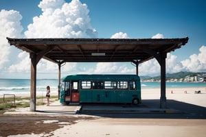 Misaka Mikoto,photograph, swimming suit, bus station by the beach, beautiful, cloud, stuck in swamp, photo realistic,cinematic, in street