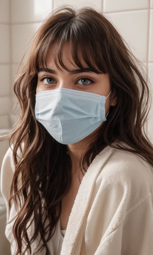 19 years old girl, instagram celebrities, detailed blue eyes, wavy hair, brown hair, long front bangs hair, messy hair, wearing towel, surgical mask, covid mask, HD, 8K, at the bathroom,