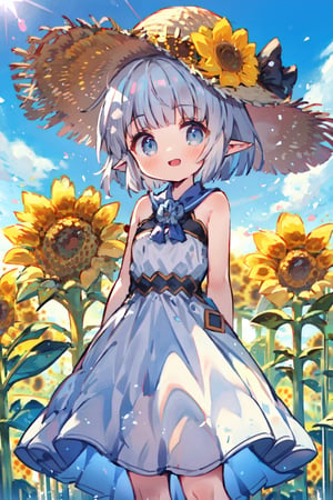 1girls, teenage girl, hyper quality, best masterpiece, perfect anatomy, good anatomy, cute, Silver hair, short hair, (hime cut), arm behind back,pointy ears, blue eyes, hair ornament, LilySpring, white dress, straw hat, bowtie, (sandals), smile, sunflower field, (sunflower:1.5), blus sky, cloud, sunshine