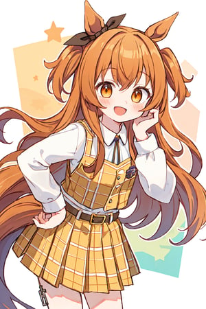 mayano topgun \(umamusume\),1girl,flat chest, standing, leaning forward
,pointed,hand on hip,horse girl, horse tail,orange hair,orange eyes, horse ears, long hair,open mouth,long sleeves, white shirt, plaid skirt, pleated skirt, yellow skirt, white belt, belt buckle, yellow vest, orange skirt,nose blush,smile,town