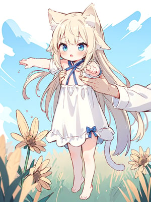 1girl,loli,flat chest, animal ears, long hair, blue eyes, solo, blonde hair, cat ears, cat tail, tense, white shirt, bangs, white dress, flat chest, blush, open mouth,animal ear fluff,day,corn field, IncrsLcmSolo, full body