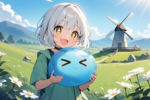 1 little girl, solo, upper body, diagonal angle,
white hair, short hair, yellow eyes, +_+, open mouth, smile, cheerful, 
choker, light mountaineering clothe, 
summer, highland, distant mountains, green meadows, blue sky, sunlight, clear weather, 
Windmill, little white flowers,
holding a slime, >_<,
masterpiece, best quality, 