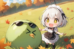 1 little girl, solo, upper body, diagonal angle,
white hair, short hair, yellow eyes, +_+, open mouth, smile, cheerful, 
choker, maid outfit, boots,
(a very large, green, very bushy ball with long bird legs and the face of a dandy middle-aged man with a beard and sunglasses),
>_<,
autumn, grassland,
masterpiece, best quality, very aestheric,