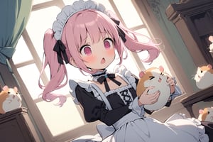 1 little girl, solo, diagonal angle,  
pink hair, twintails, pink eyes, @_@, chestnut mouth, confused, troubled,
choker, lolita maid outfit,
Lolita girl, maid outfit, many cute hamsters, hamsters on girl's headwear, >_<,
holding hamsters, kawaii, detailed dress, lace, frills, elegant, pastel colors, indoors, Victorian style room,
masterpiece, best quality, very aesthetic, 
