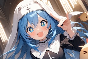 1 little girl, solo, upper body, diagonal angle,
blue hair, long hair, 
blue eyes, +_+, open mouth, smile, cheerful,
choker, nun outfit,
fox shadow puppet,
humpty dumpty, >_<,
in church,
masterpiece, best quality, very aesthetic