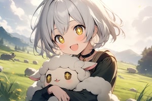 1 little girl, solo, upper body, diagonal angle,
white hair, short hair, yellow eyes, +_+, open mouth, smile, cheerful, 
choker, shepherd outfit,
hugging a cute sheep,
grasslands, in fantasy world,
masterpiece, best quality, very aesthetic,
