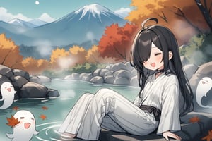 1 little girl, solo, diagonal angle,
black hair, long hair, ahoge, (hair over one eye:1.2), =_=, chestnut mouth, smile, cheerful, relaxing,
choker, long white yukata, long_sleeves, long pants, closed neck, 
smiling ghosts, 
sitting by the onsen, A tremendous amount of onsen steam, 
Steam,onsen, autumn, Autumn leaves mountain in background, Fall Foliage Snowstorm,
Ah, this feels so relaxing!,
masterpiece, best quality, very aestheric,