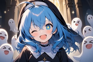 1 little girl, solo, upper body, diagonal angle,
blue hair, long hair, ahoge, blue eyes, +_+, open mouth, smile, cheerful, one eye closed,wink,
choker, nun outfit,
many ghosts, >_<, 
in church, night,
masterpiece, best quality, 