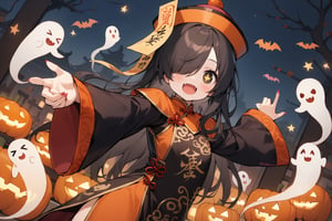 1 little girl, solo, diagonal angle,
black hair, long hair, ahoge, (hair_over_one_eye:1.2), black eyes, +_+, smile, cheerful, open mouth, small vampire fangs,
choker, Jiangshi cheongsam, calligraphy clothes, (Jiangshi hat:1.2), ofuda, (calligraphy:1.5),
cute ghosts,>_<, 
Kung Fu action pose,
in Chinese Cemetery, night, halloween, pumpkins, bats,
masterpiece, best quality, very aestheric,