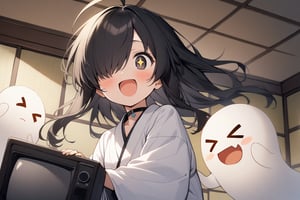 1 little girl, solo, upper body, diagonal angle, 
black hair, long hair, ahoge, black eyes, hair over one eye, +_+, smile, open mouth, cheerful,
choker, white kimono,
ghosts, >_<,
holding a old tv,
tatami, japanese showa, 
masterpiece, best quality, very aestheric,