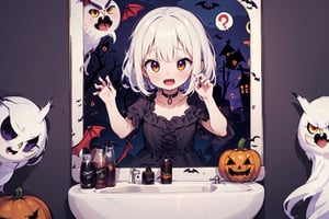 masterpiece, best quality, anime style, vampire girl, vampire_fangs, choker, in washroom, surprised looking at mirror, spoken exclamation mark, (spoken question mark:1.2), Halloween midnight background, (ghost:1.2), (owl:1.2),halloween