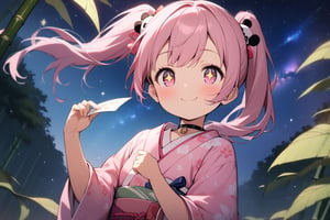 1 little girl, solo, upper body, diagonal angle, 
pink hair, twintails, pink eyes, +_+, closed mouth, smile cheerful, looking at the sky,
choker, cute pink kimono,
Wishing strips,Bamboo leaf,
cute eating pandas,
Bamboo forest, night, milky way, Starry sky,
masterpiece, best quality, very aestheric,