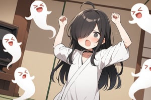 1 little girl, solo, upper body, diagonal angle, 
black hair, long hair, ahoge, black eyes, (hair over one eye:1.2), 
@_@, chestnut mouth, confused, angry, tearful, 
choker, white long kimono,
(smiling ghosts:1.2), >_<,
Raise own arms straight up, 
an old tv,
tatami, japanese showa, 
masterpiece, best quality, very aestheric,