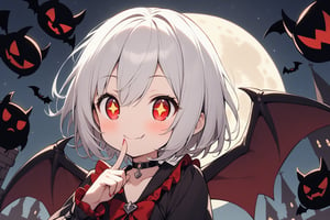 1 little girl, solo, upper body, diagonal angle,
white hair, short hair, red eyes, +_+, smile, cheerful, small vampire fangs, closed mouth,
choker, vampire ghothic outfit,
bat monsters, >_<, 
finger to mouth,
in vampire castle, night, moon,
masterpiece, best quality, 