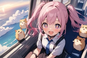 1 little girl, solo, upper body, view from plane, View from high altitude,
pink hair, twintails, pink eyes, +_+, open mouth, cheerful,
sitting on a train seat,
choker, white shirt, blue tie, closed neck, 
(hamsters:1.2), smile >_<,
morning, Beautiful ocean can be seen from the airplane window, Round window, A view from above the clouds,
masterpiece, best quality, very aestheric,