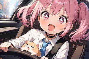 1 little girl, solo, upper body, diagonal angle, 
pink hair, twintails, pink eyes, +_+, chestnut mouth, Surprised, smile, cheerful, 
choker, white shirt, long sleeves, blue tie, closed neck, Seatbelts,
(hamsters:1.2), >_<,
driving, Holding the handle, in the car, sitting on the Driver's seat,
masterpiece, best quality, very aesthetic,