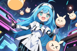 1 little girl, solo, diagonal angle,
blue hair, long hair, ahoge, blue eyes, +_+, open mouth, smile, cheerful, 
choker, cyber punk nun outfit, cyber arms,
cyber android girl, >_<,
humpty dumpty,
holding a cyber punk pistol,Cool pose,
in cyber punk church, in cyber punk world, night,
masterpiece, best quality, very aesthetic,