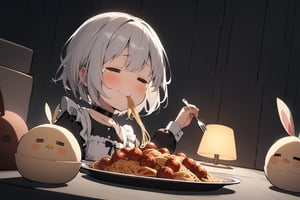 1 little girl, solo, upper body, diagonal angle,
white hair, short hair, =_=, closed mouth, smile, cheerful, tears,
choker, maid outfit,
humpty dumpty,
pasta, spaghetti and meatballs, chewing, mouthful,
holding fork,
sitting, in Detention centre, spot light,Table lamp, in A room surrounded by dark concrete walls, 
masterpiece, best quality, very aesthetic