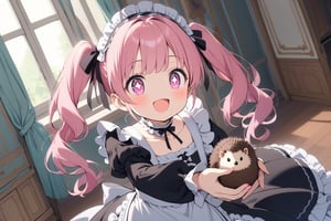 1 little girl, solo, diagonal angle,  
pink hair, twintails, pink eyes, +_+, open mouth, smile, cheerful,
choker, lolita maid outfit,
Lolita girl, maid outfit, cute hedgehog, holding hedgehog, kawaii, detailed dress, lace, frills, elegant, pastel colors, indoors, Victorian style room,
masterpiece, best quality, 
