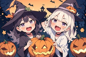 masterpiece, best quality, anime style, 2girls, (jitome:1.8), :),looking up at viewer, wearing choker, dressed in halloween costume, holding pumpkin, celebrating, Halloween midnight, laughing pumpkin, laughing ghost,