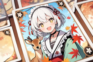 1 little girl, solo, upper body, diagonal angle,
white hair, short hair, yellow eyes, +_+, open mouth, smile, cheerful,
choker, maid outfit,
deer, hanafuda,Maple,autumn,
masterpiece, best quality, very aestheric,
A Japanese anime-style illustration resembling an up-close view of a single hanafuda card. The card features a small deer, autumn leaves, and a girl. The girl has short white hair, yellow eyes, and is wearing a choker and a maid outfit. The background includes traditional elements typical of hanafuda cards, with a focus on a serene and elegant composition, highlighting the deer and autumn leaves surrounding the girl in a classic Japanese art style.