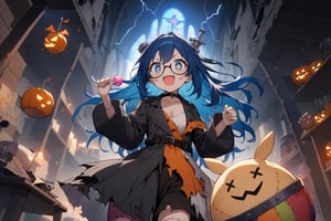 1 little girl, solo, diagonal angle, 
blue hair, long hair, blue eyes, +_+, smile, open mouth, cheerful, 
choker, mad doctor outfit, torn clothes, patchwork clothes, patchwork skin, glasses, 
(patchwork humpty dumpty with Screw headware:1.2), >_<,
holding a swirled lollipop,
in Abandoned Laboratory, thunderstorm, violent thunder, dazzling lightning, church, night, Halloween, 
masterpiece, best quality, very aestheric,