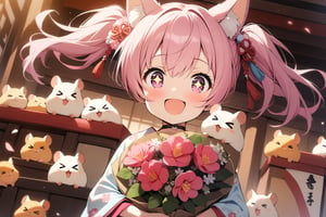 1 little girl, solo, upper body, diagonal angle,
pink hair, twintails, pink eyes, +_+, open mouth, smile, cheerful, fox ears,
choker, cute kimono,
cute hamsters, >_<, 
holding a bouquet,
in japanese shrine,
masterpiece, best quality, very aesthetic,