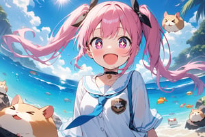 1 little girl, solo, upper body, diagonal angle,
pink hair, twintails, pink eyes, +_+, open mouth, cheerful, Emotional,
choker, white shirt, blue tie, closed neck, 
(hamsters:1.2), smile >_<,
Beautiful sea, Sparkling white sand, Shining Sun,
masterpiece, best quality, very aestheric,
The seas of Okinawa are renowned for their breathtaking beauty, with crystal-clear waters that range from vibrant turquoise to deep cobalt blue. The water is so pristine that you can often see the coral reefs and marine life beneath the surface. The contrast between the white sandy beaches and the shimmering blue hues creates a picturesque paradise that feels almost surreal.,