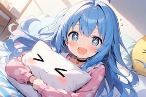 1 little girl, solo, upper body, diagonal angle, 
blue hair, long hair, ahoge, morning hair, blue eyes, +_+, open mouth, smile, cheerful, sleepy, sleepy eyes,
choker, cute pajamas,
hugging a cute smiling Pillow,>_<,
in cute bedroom, morning,
masterpiece, best quality, very aestheric,