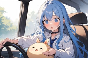 1 little girl, solo, upper body, diagonal angle, 
blue hair, long hair, blue eyes, @_@, chestnut mouth, confused, troubled, panic,
choker, white shirt, long sleeves, blue tie, closed neck,
humpty dumpty,
driving, Holding the handle, in the car, sitting on the Driver's seat,
masterpiece, best quality, very aestheric,