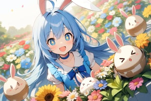 1 little girl, solo, upper body, diagonal angle,
blue hair, long hair, ahoge, smile, blue eyes, +_+, open mouth, cheerful,
choker, alice outfit, rabbit ears,
humpty dumpty, >_<, 
having bouquets, 
flower garden, 
masterpiece, best quality, 