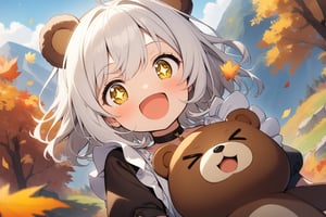 1 little girl, solo, upper body, diagonal angle,
white hair white hair, yellow eyes, +_+, open mouth, smile, cheerful, Happy,
choker, maid outfit, bear ears,
The girl is riding a bear, >_<,
in mountain, autumn,
masterpiece, best quality, very aesthetic